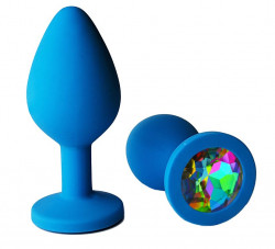 Голубая анальная пробка с радужным кристаллом - 9,5 см.