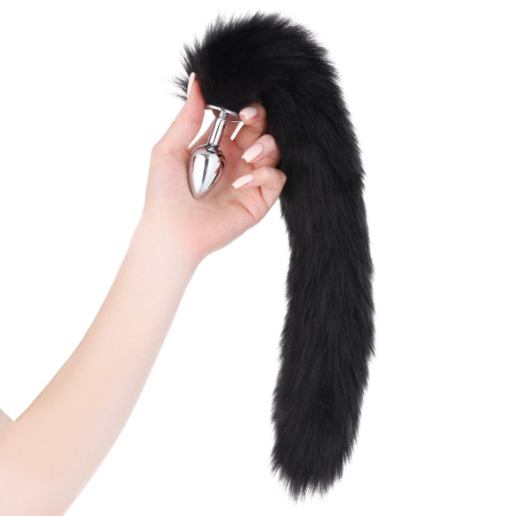 Серебристая анальная втулка с черным хвостиком Серебристая анальная втулка с черным хвостиком