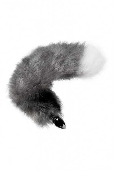 Серебристая металлическая анальная втулка с серым лисьим хвостом