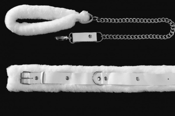Белый кожаный ошейник с поводком Белый кожаный ошейник с поводком
