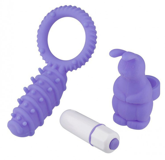 Фиолетовый набор NEON SECRET PLEASURE: эрекционное кольцо с лепестком и вибропуля с насадкой-зайчиком Фиолетовый набор NEON SECRET PLEASURE: эрекционное кольцо с лепестком и вибропуля с насадкой-зайчиком