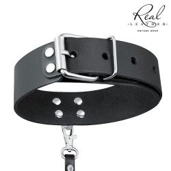 Черный кожаный ошейник с ремешком Черный кожаный ошейник с ремешком
