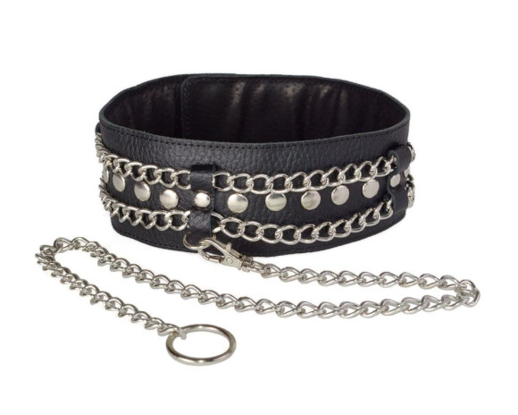 Чёрный ошейник с цепочками и поводком Чёрный ошейник с цепочками и поводком