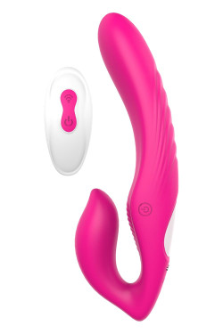 Ярко-розовый безремневой страпон REMOTE DOUBLE DIPPER - 22 см.