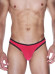 Красные мужские трусы-бразилиана с черной рюшевой отделкой Красные мужские трусы-бразилиана с черной рюшевой отделкой