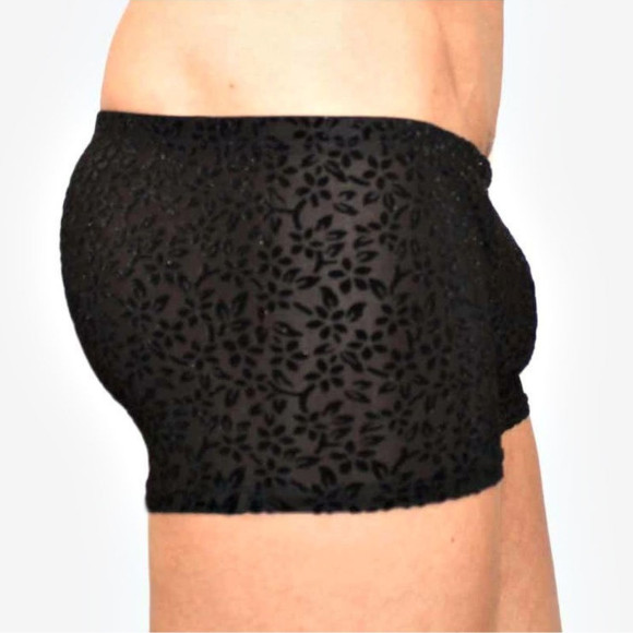 Мужские полупрозрачные трусы-боксеры с флокированным цветочным рисунком Мужские полупрозрачные трусы-боксеры с флокированным цветочным рисунком