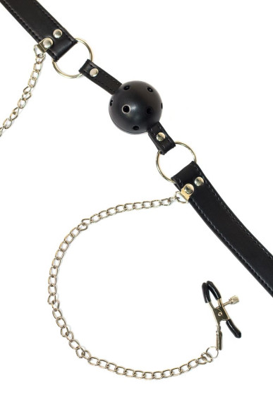 Черный кляп-шар Gratitude с зажимами для сосков Черный кляп-шар Gratitude с зажимами для сосков