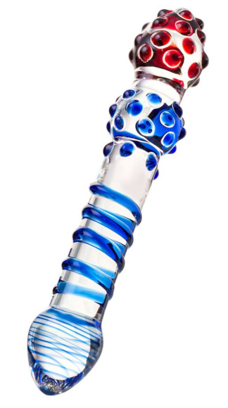 Двусторонний стеклянный фаллос со спиралью и шишечками - 20,5 см. Двусторонний стеклянный фаллос со спиралью и шишечками - 20,5 см.