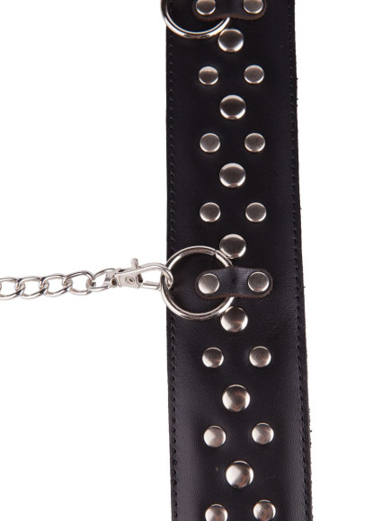 Чёрный кожаный ошейник с карабином и поводком Чёрный кожаный ошейник с карабином и поводком
