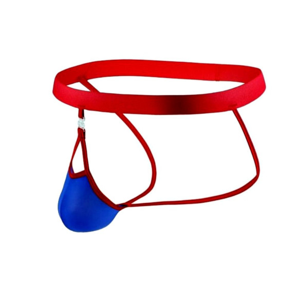 Синие сексуальные трусы-джоки на тонких красных ремешках Синие сексуальные трусы-джоки на тонких красных ремешках