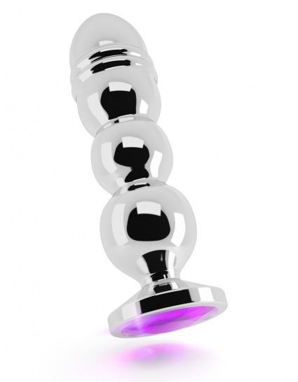 Серебристая фигурная анальная пробка R10 RICH Gold/Purple с фиолетовым кристаллом - 14,5 см.