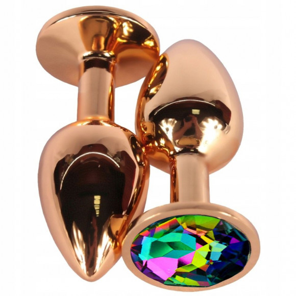 Золотистая гладкая анальная пробка с разноцветным кристаллом - 9,5 см. Золотистая гладкая анальная пробка с разноцветным кристаллом - 9,5 см.