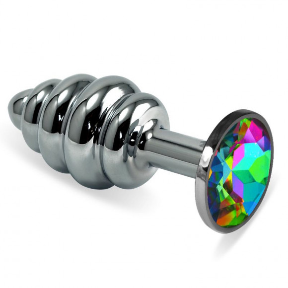 Серебристая ребристая анальная пробка с разноцветным кристаллом - 7,5 см. Серебристая ребристая анальная пробка с разноцветным кристаллом - 7,5 см.