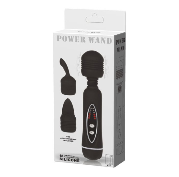 Черный вибромассажер со сменными насадками Power Wand - 20,5 см. Черный вибромассажер со сменными насадками Power Wand - 20,5 см.