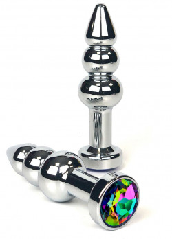 Серебристая коническая анальная пробка-ёлочка с радужным кристаллом - 11 см.
