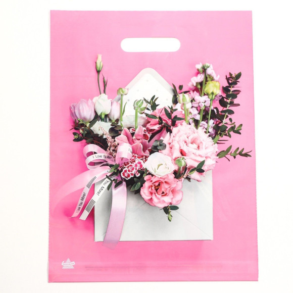 Розовый пакет с цветочным принтом и вырубной ручкой (40х31 см) Розовый пакет с цветочным принтом и вырубной ручкой (40х31 см)