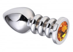 Серебристая анальная пробка на рельефной ножке с оранжевым кристаллом - 9,5 см.