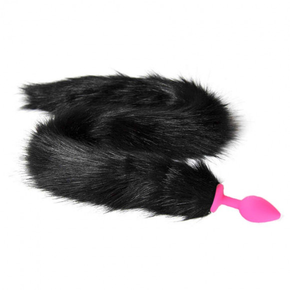 Розовая анальная пробка с черным хвостом Розовая анальная пробка с черным хвостом