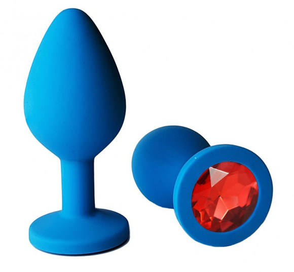 Голубая анальная пробка с красным кристаллом - 8 см.