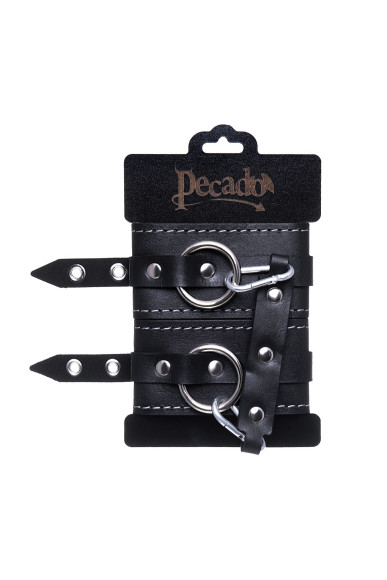 Черные двухслойные кожаные оковы с белой строчкой Черные двухслойные кожаные оковы с белой строчкой