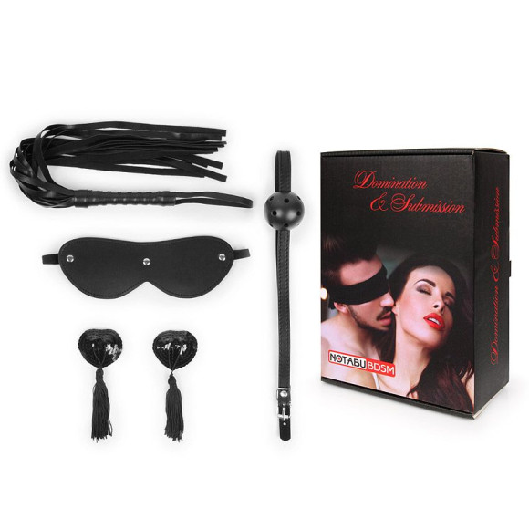Эротический набор в черном цвете: маска, кляп, пэстисы, плётка Эротический набор в черном цвете: маска, кляп, пэстисы, плётка