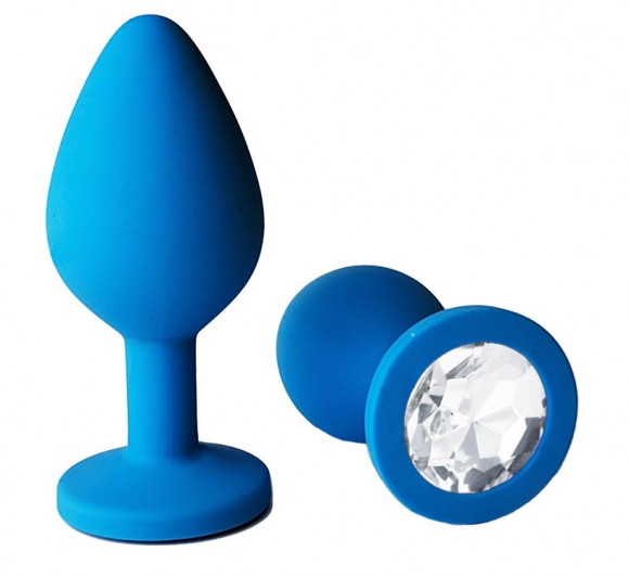 Голубая анальная пробка с прозрачным кристаллом - 7 см.