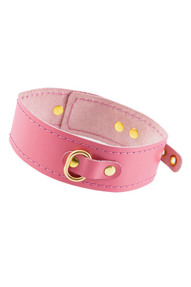 Розовый кожаный однослойный ошейник с прошивкой