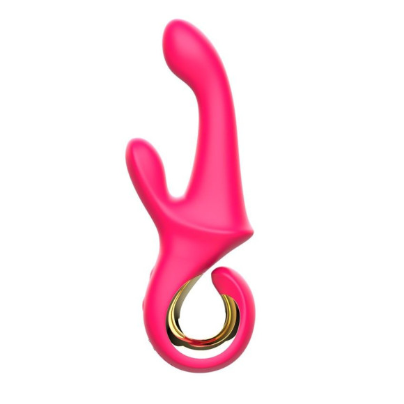 Розовый вибратор со стимулятором клитора и ручкой-кольцом - 22,6 см. Розовый вибратор со стимулятором клитора и ручкой-кольцом - 22,6 см.