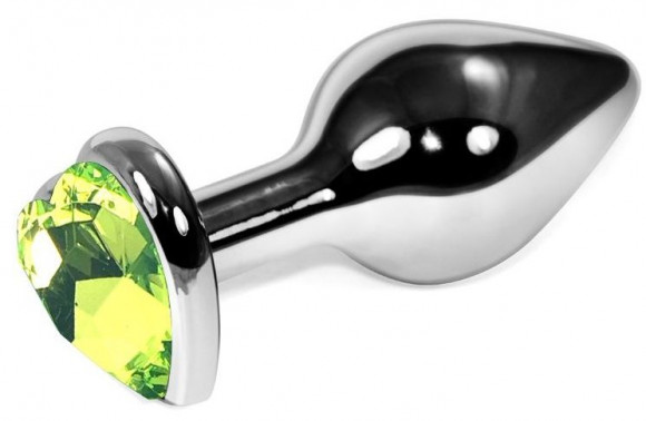 Серебристая коническая анальная пробка с лаймовым кристаллом-сердцем - 9 см. Серебристая коническая анальная пробка с лаймовым кристаллом-сердцем - 9 см.