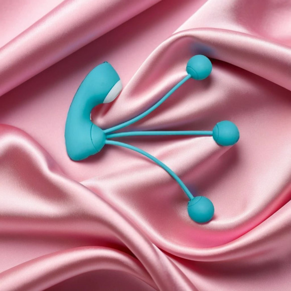 Бирюзовый вакуумный стимулятор клитора с вагинальными виброшариками Бирюзовый вакуумный стимулятор клитора с вагинальными виброшариками