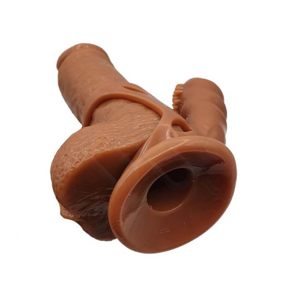 Коричневый полый поясной фаллоимитатор с вибронасадкой Jiang - 18 см.