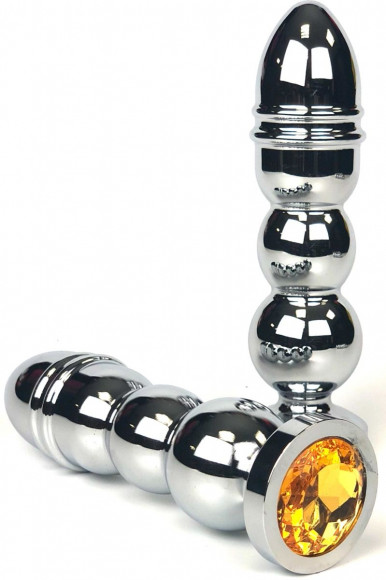 Серебристая анальная пробка-ёлочка с желтым кристаллом - 14,5 см.