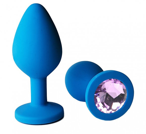 Голубая анальная пробка с сиреневым кристаллом - 9,5 см.